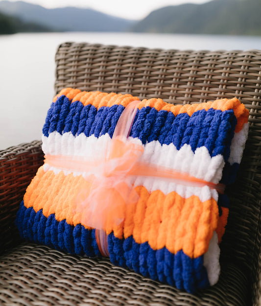 Blue, Orange, and White Striped Chunky Knit Blanket