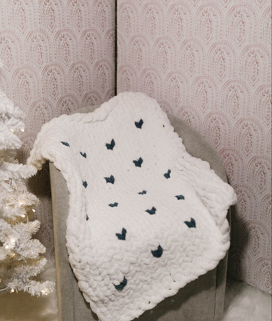 White Baby Blanket with Blue Hearts