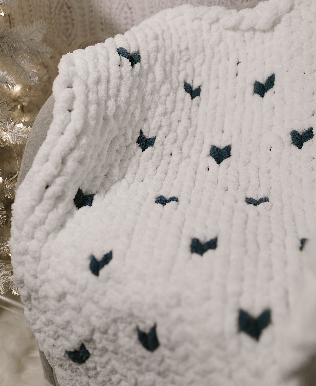 White Baby Blanket with Blue Hearts