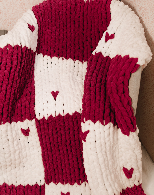 Magenta & White Heart Checkerboard Blanket
